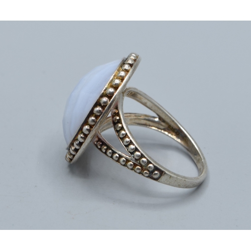 2518 - 925 silver ladies Blue Lace Agate round cabochon facetted statement ring the head being 2.1cm diamet... 