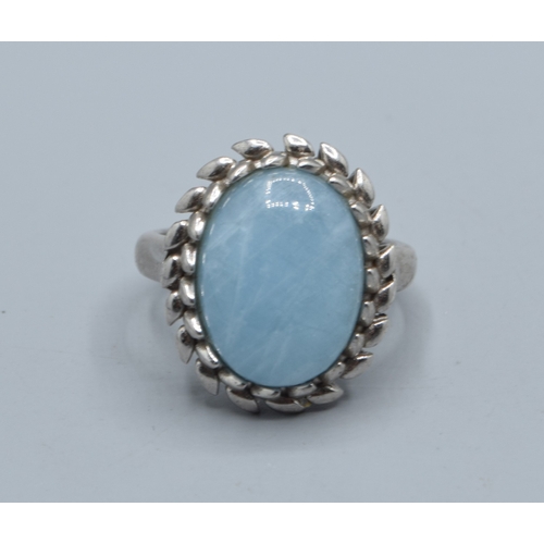 2528 - 925 silver ladies cabochon polished Amazonite dress ring held in a lural leaf setting size P