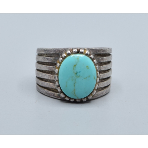2536 - 925 silver ladies oval Turquoise single stone ring held in a 6  band design size M