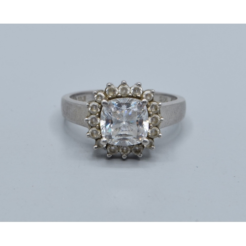2550 - 925 silver ladies clear gem set square faced halo dress ring set in a castled claw design size R