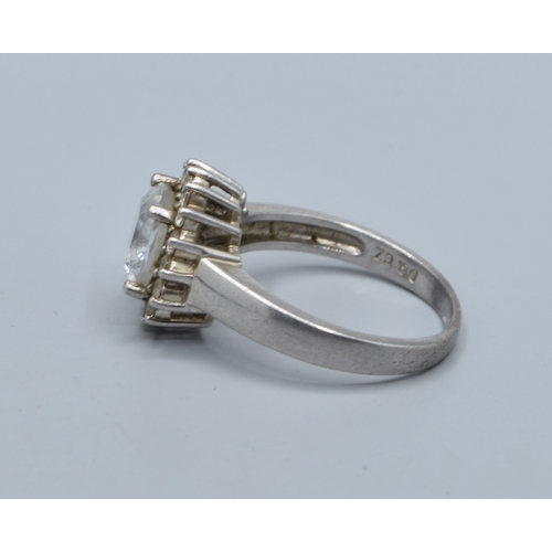 2550 - 925 silver ladies clear gem set square faced halo dress ring set in a castled claw design size R