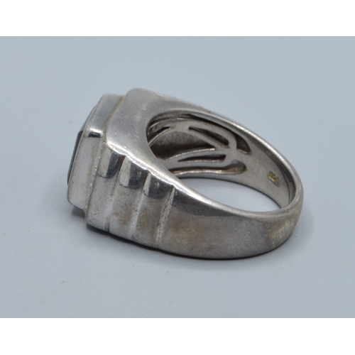 2566 - 925 silver gents heavy Smokie quarts square face signet ring with clear stone side decoration size U... 