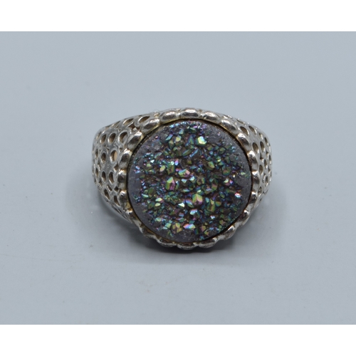 2578 - 925 silver ladies glitzy Rainbow hematite single stone ring in an open work setting size N