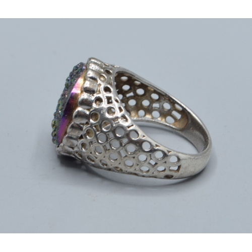 2578 - 925 silver ladies glitzy Rainbow hematite single stone ring in an open work setting size N
