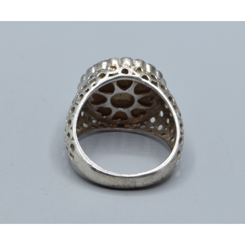 2578 - 925 silver ladies glitzy Rainbow hematite single stone ring in an open work setting size N