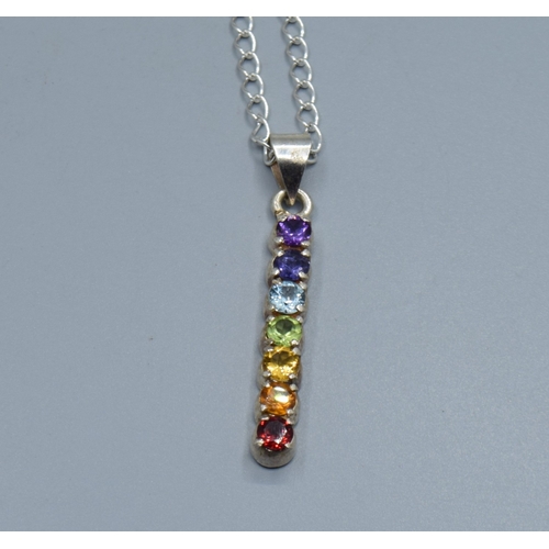 2587 - 925 silver drop pendant necklace inset with 7 precious stones Garnet, Citrine, peridot and Amethyst ... 