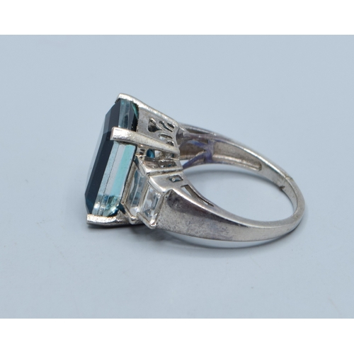 2590 - 925 silver ladies rectangular Elbaite Tourmaline statement ring with clear gem stone decoration to e... 