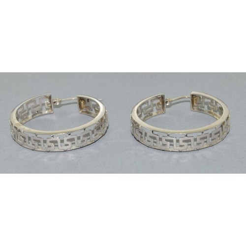 2594 - 9ct white gold Greek key design round hoop earrings 2.5cm diameter
