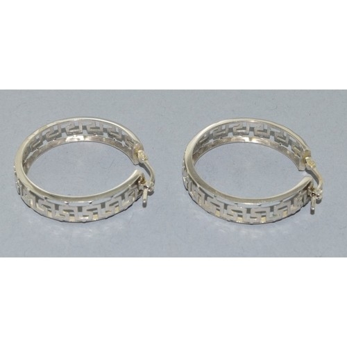 2594 - 9ct white gold Greek key design round hoop earrings 2.5cm diameter