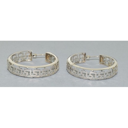 2594 - 9ct white gold Greek key design round hoop earrings 2.5cm diameter