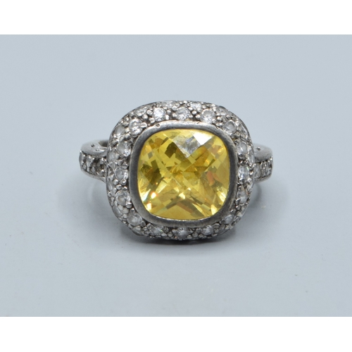 2596 - 925 silver ladies square head Citrine and clear gem stone halo design ring with gem set shoulder dec... 