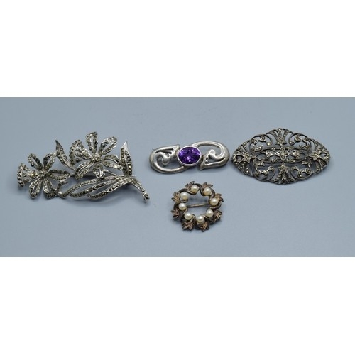2608 - Four 925 sterling silver vintage brooches, cultured Pearl Amethyst and Marcasite