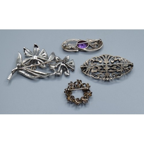 2608 - Four 925 sterling silver vintage brooches, cultured Pearl Amethyst and Marcasite