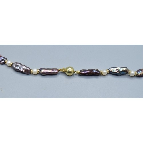 2614 - Vintage 14ct gold bead, Akoya cultured Pearl and Grey Biwa Pearl necklace with 14ct gold clasp 43cm ... 