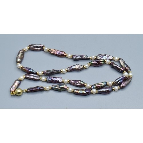 2614 - Vintage 14ct gold bead, Akoya cultured Pearl and Grey Biwa Pearl necklace with 14ct gold clasp 43cm ... 