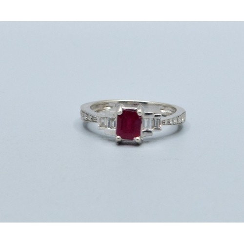 2622 - Quality 14ct white gold ladies Ruby and Diamond ring having both baguette and round cut Diamonds est... 