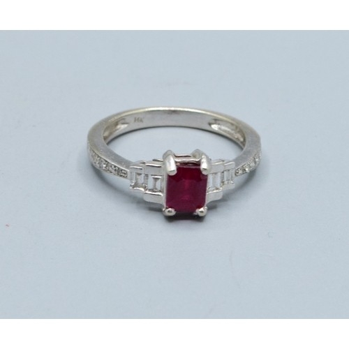 2622 - Quality 14ct white gold ladies Ruby and Diamond ring having both baguette and round cut Diamonds est... 