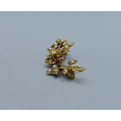 2611 - Fine Ruby and seed Pearl brooch, mounted in 9ct gold measuring 3.7cm in length, 3.3grams