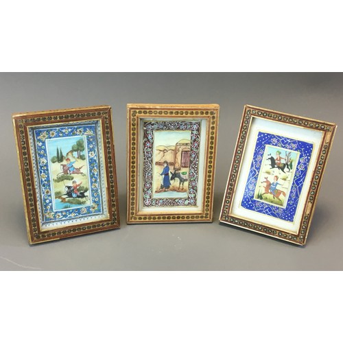 30 - Set of 3x Islamic Inlaid Easel framed Hand Painted Scenes. 2 of Moghul Warriors the other of a Moghu... 