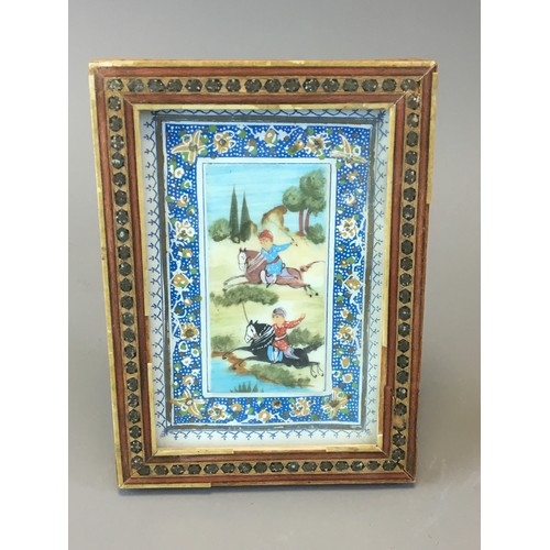 30 - Set of 3x Islamic Inlaid Easel framed Hand Painted Scenes. 2 of Moghul Warriors the other of a Moghu... 