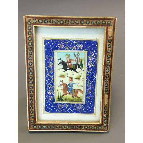 30 - Set of 3x Islamic Inlaid Easel framed Hand Painted Scenes. 2 of Moghul Warriors the other of a Moghu... 