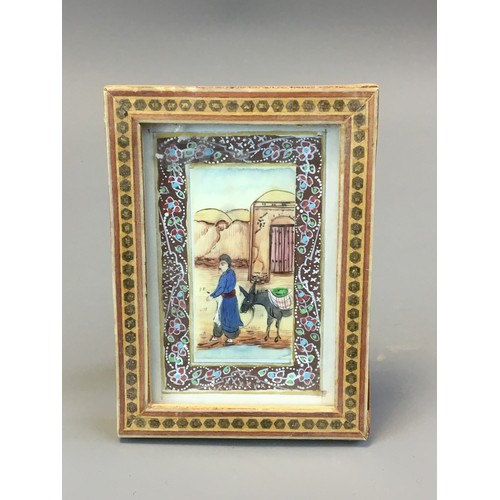 30 - Set of 3x Islamic Inlaid Easel framed Hand Painted Scenes. 2 of Moghul Warriors the other of a Moghu... 