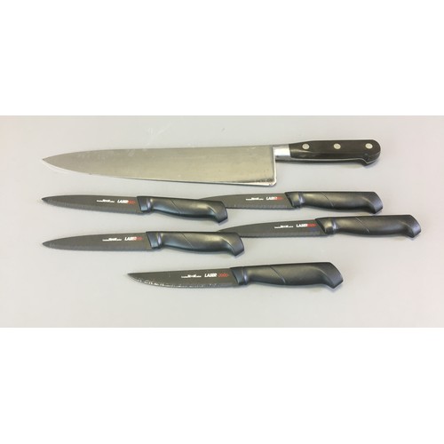 301 - Set of 5 Richardson of Sheffield Black Blade Laser Serated Knives and a Large Sabatier Type Chefs Kn... 