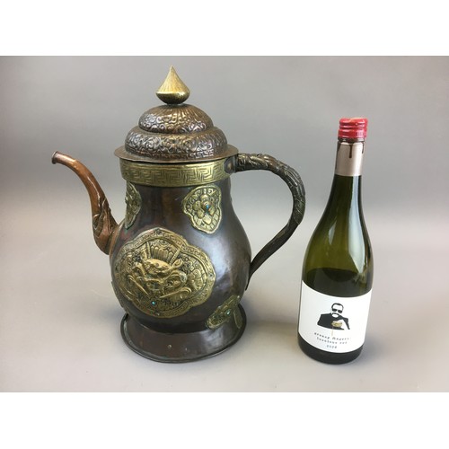 26 - Large Tibetan 19th Century Copper and Brass Decorated Water Ewer. Makala Caboch.H 36cm
