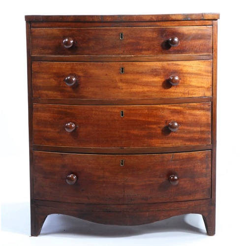 107 - 19th century mahogany bow fronted bachelors chest, set with four graduating drawers, raised on brack... 