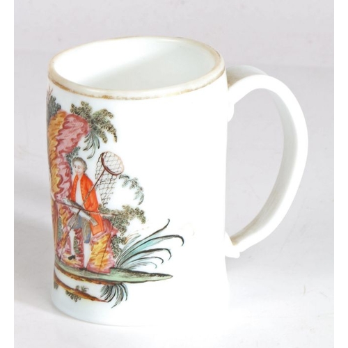 115 - 18th century Bohemian milk glass mug, painted with a scene of lady and gentleman fishing at the side... 