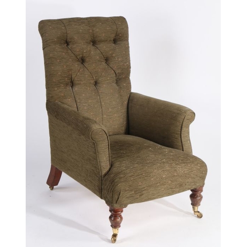 16 - 19th century mahogany and upholstered armchair, with a buttoned back above a pair arms and a deep se... 