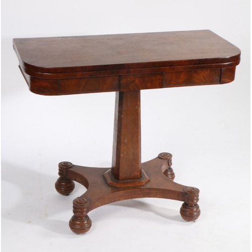 198 - Victorian mahogany card table, the D-shaped fold-over top with red baize lined interior, raised on a... 