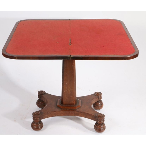 198 - Victorian mahogany card table, the D-shaped fold-over top with red baize lined interior, raised on a... 