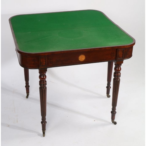 199 - Regency mahogany card table, the D shaped fold-over top opening to reveal a green baize lined writin... 