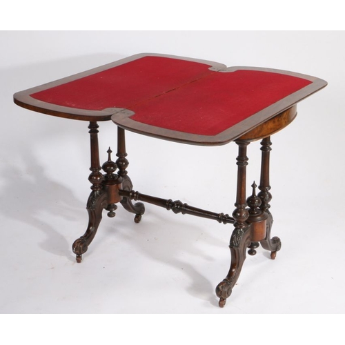 205 - Victorian walnut and Tunbridge ware inlaid card table, the folding top opening to reveal a red baize... 