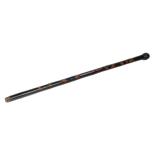 237 - Japanese painted bamboo walking stick, the top with a burred design above a carved snake to the body... 