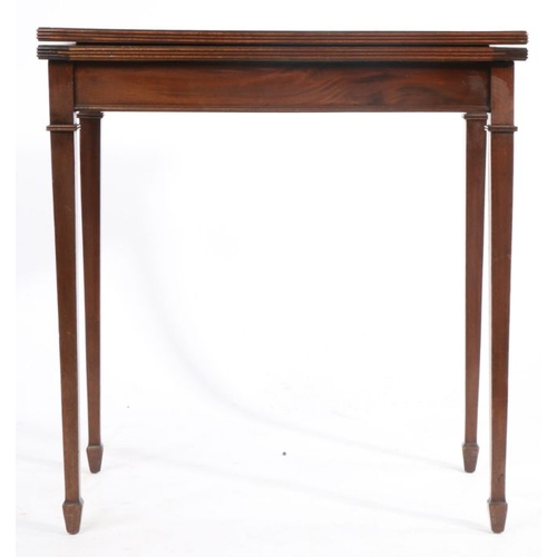 247 - Victorian mahogany card table, the rectangular swivel top opening to reveal a green baize line inter... 