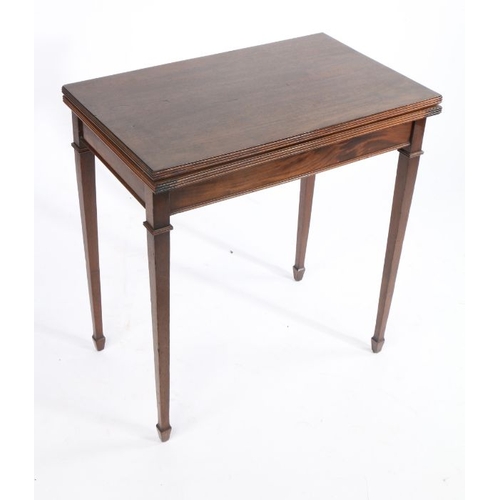 247 - Victorian mahogany card table, the rectangular swivel top opening to reveal a green baize line inter... 