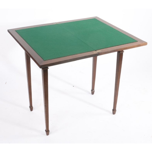 247 - Victorian mahogany card table, the rectangular swivel top opening to reveal a green baize line inter... 