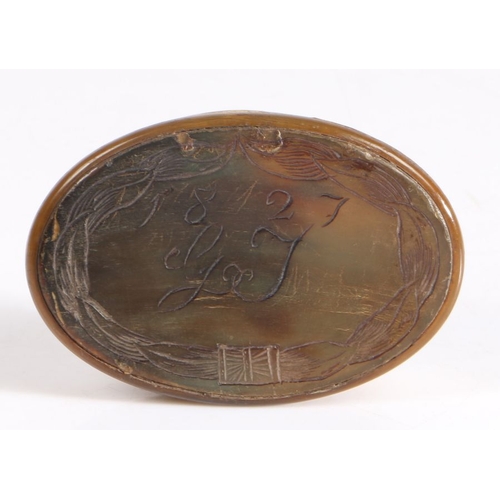 39 - 19th Century horn snuff box, of oval form, the lid initialled GJ and dated 1827, 8cm wide