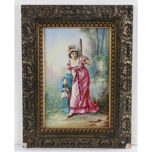 391 - A. Armand (19th/20th Century)
 Lady wearing Pink Dress with Fan
 signed (lower right), oil on porcel... 