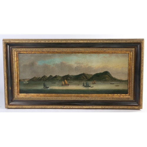 394 - Oil on canvas depicting sailing vessels off a mountainous coastline, housed in a gilt frame, the oil... 