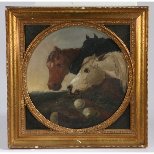 409 - After John Frederick Herring (19th Century)
 Horses Feeding
 oil on canvas
 49cm (19'') diameter