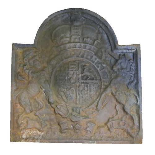 59 - A cast iron fireback depicting the royal coat or arms, 53cm wide, 56cm high