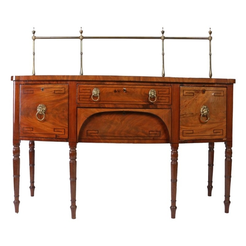 74 - Regency mahogany sideboard, the brass back rail with urn finials, the bow-front sideboard with centr... 