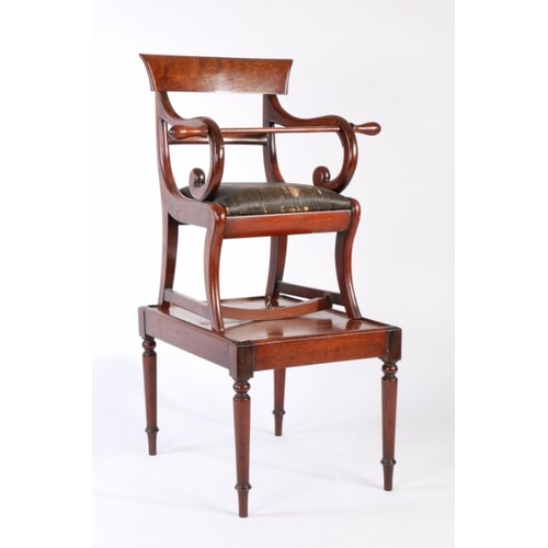 98 - An early 19th century mahogany metamorphic child's high chair, the detachable chair top with curved ... 