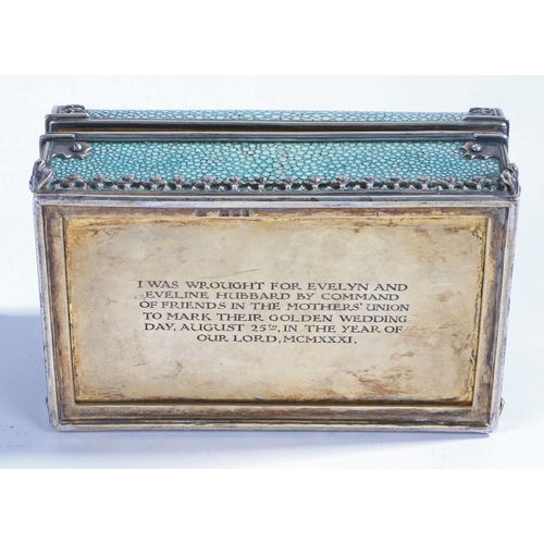 21 - Omar Ramsden Arts and Crafts silver and shagreen casket, London 1930, the domed lid with central her... 