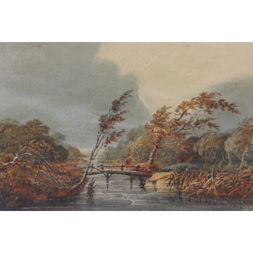 49 - Circle of John Linnell (British, 1792-1882)
 Landscape with Figure on Bridge
 watercolour
 11 x 17cm... 