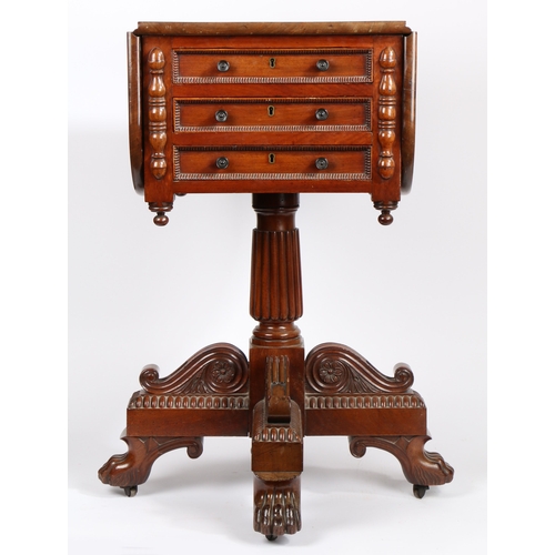 59 - In the manner of Gillows a mahogany work table, the square top with drop leaves above three gadroone... 