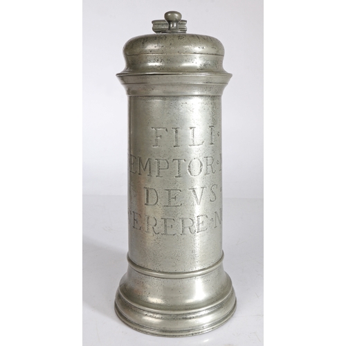 121 - A good and rare Charles I pewter flagon, with rare inscription, circa 1630

 Having a knopped bun li... 